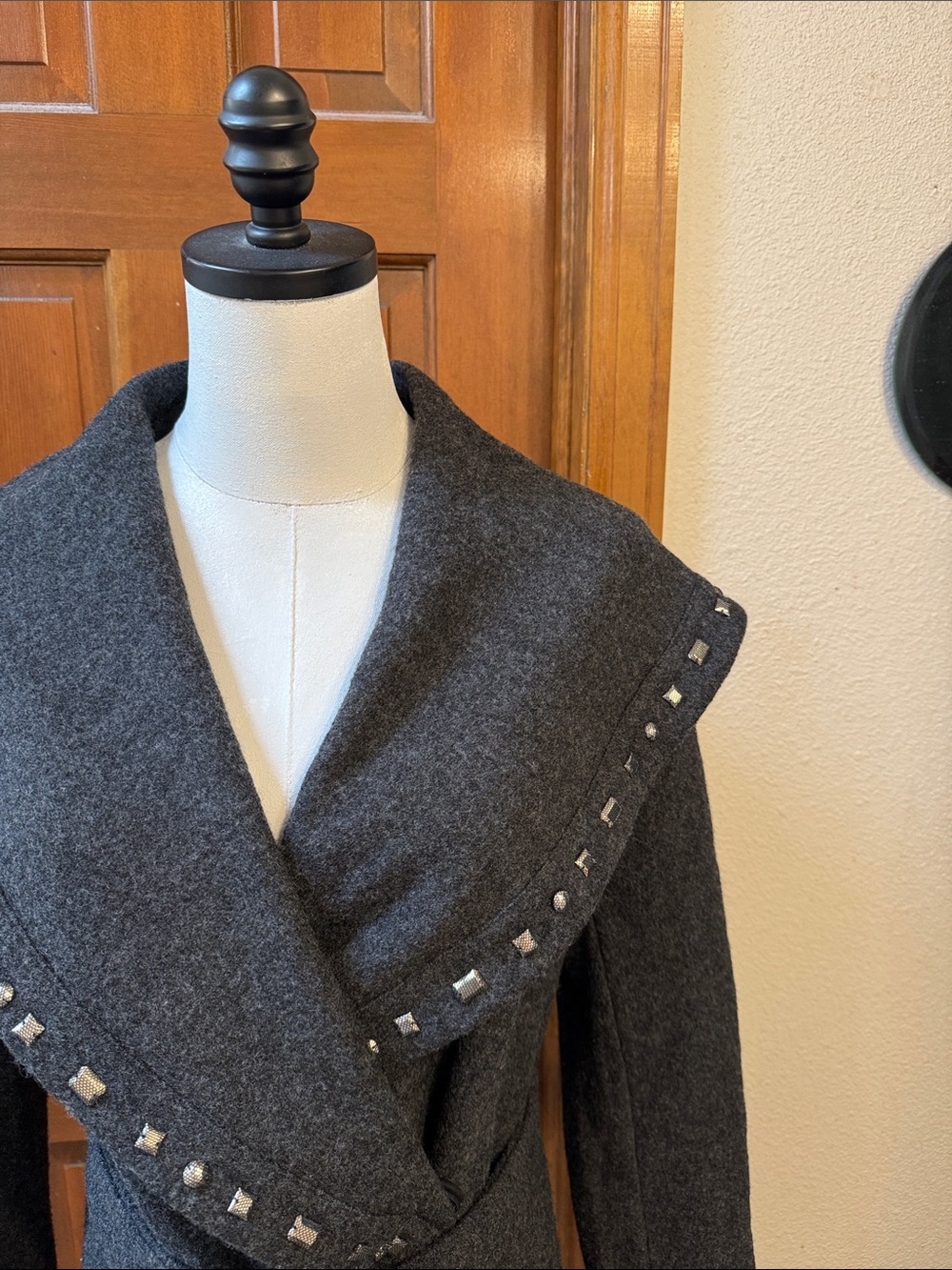 Gerard Darel Charcoal Wool-Blend Stud Trim Wrap Cardigan Size 38